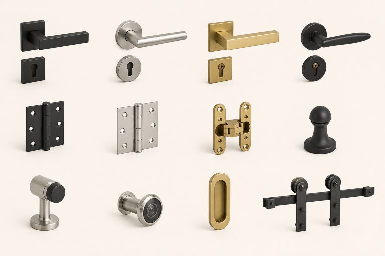 Representative families of door handles, hinges, stops, locks and accessories