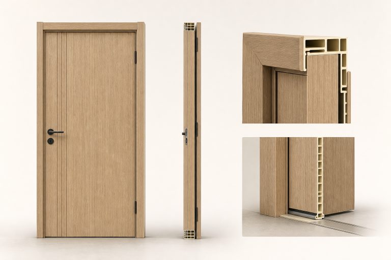 Representative door specification presentation showing leaf, frame, finish and hardware considerations